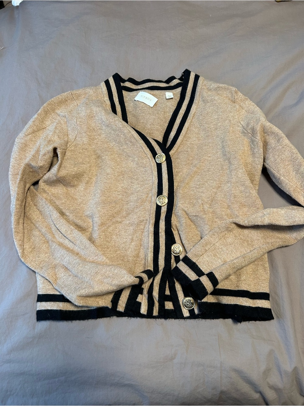 Cyrus Tan Cardigan with Black Trim and Decorative Buttons